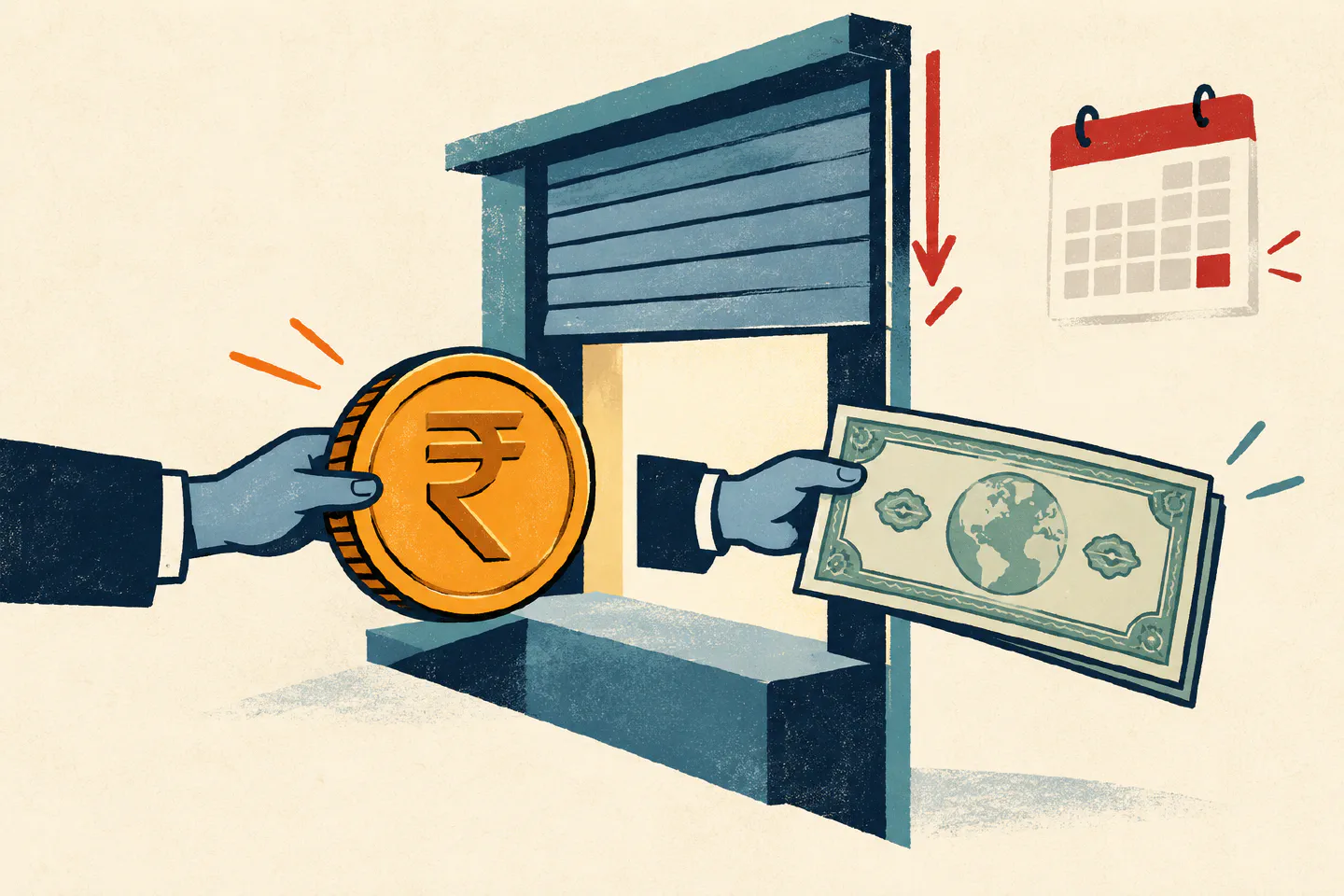 Editorial illustration of rupees and foreign currency passing through a closing deposit exchange window