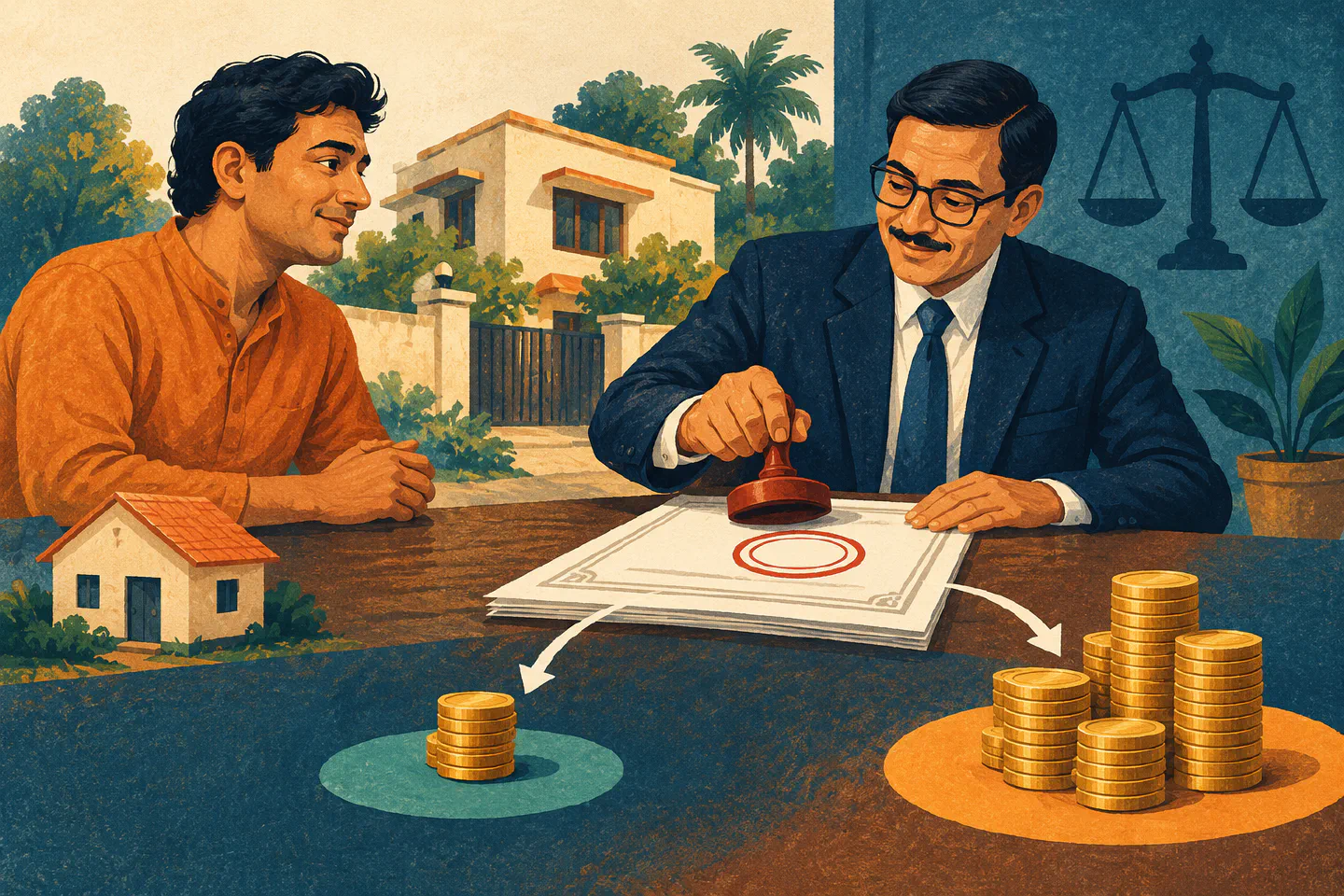 NRI property seller and tax professional reviewing an approved lower-TDS document and a fair tax allocation
