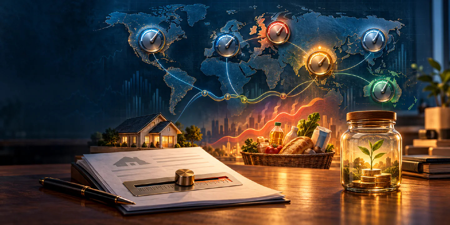 World map with rate dials over North America, Europe, India and Australia, above a desk with mortgage papers and a slider, a model house, a basket of groceries and a jar of coins with a seedling