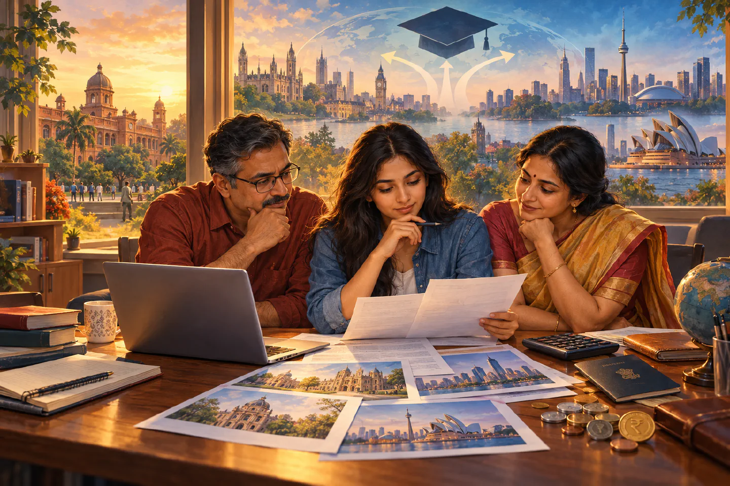 Indian family comparing overseas master's and MBA options with tuition papers, a laptop, a graduation cap and international campus skylines