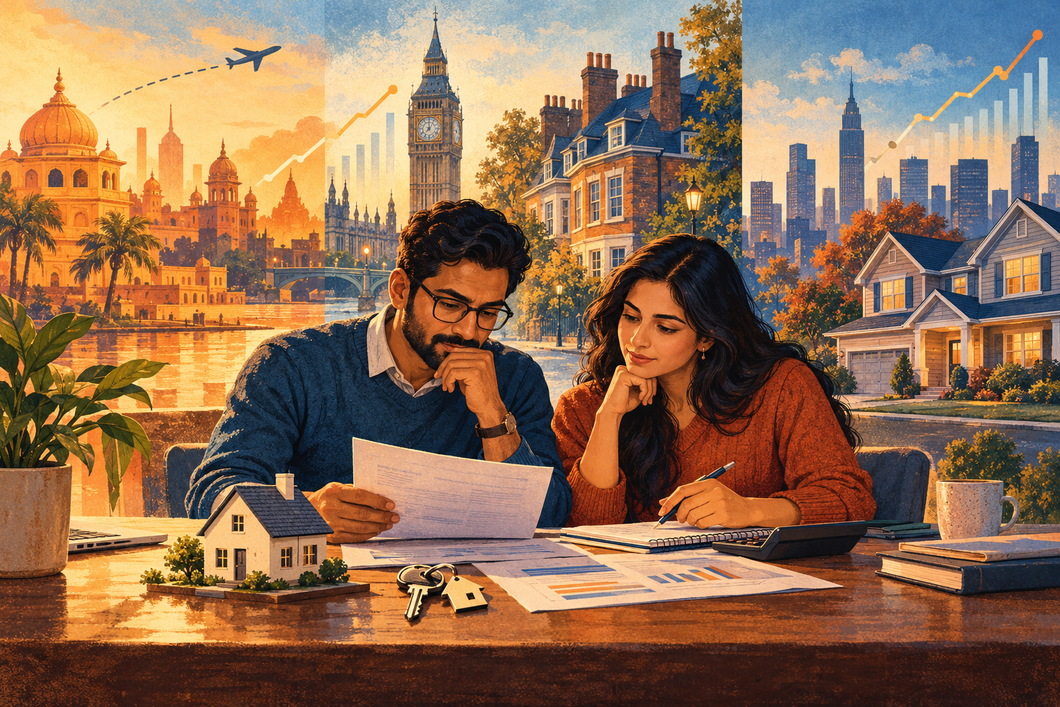 Indian couple reviewing mortgage papers with UK and US homes and rising rate charts in the background