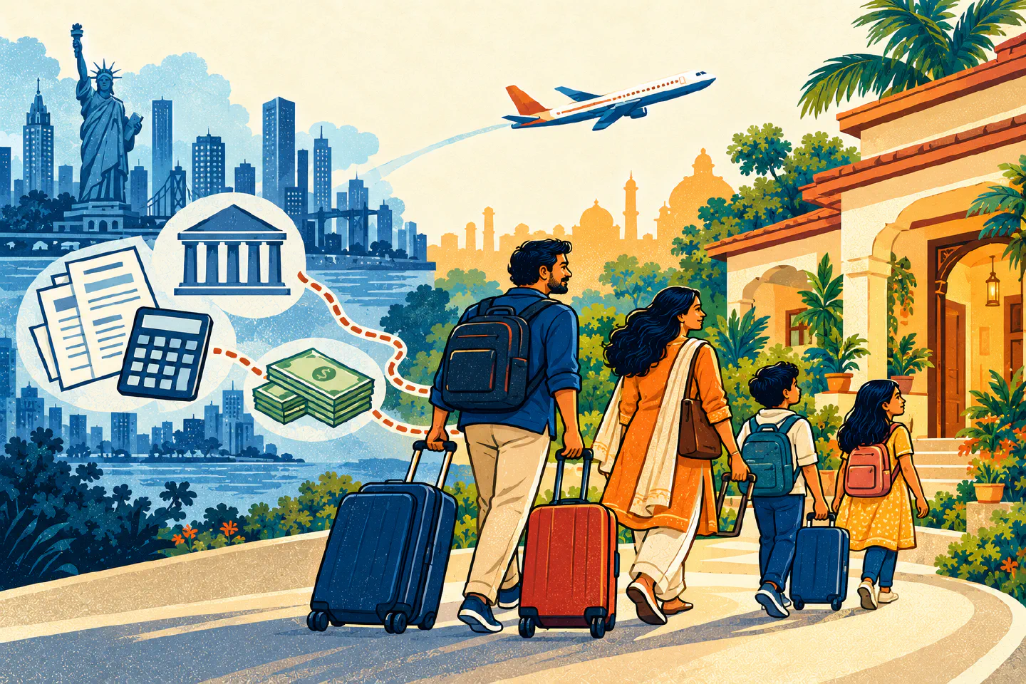 Illustration of a family returning to India with tax ties trailing from the country they leave