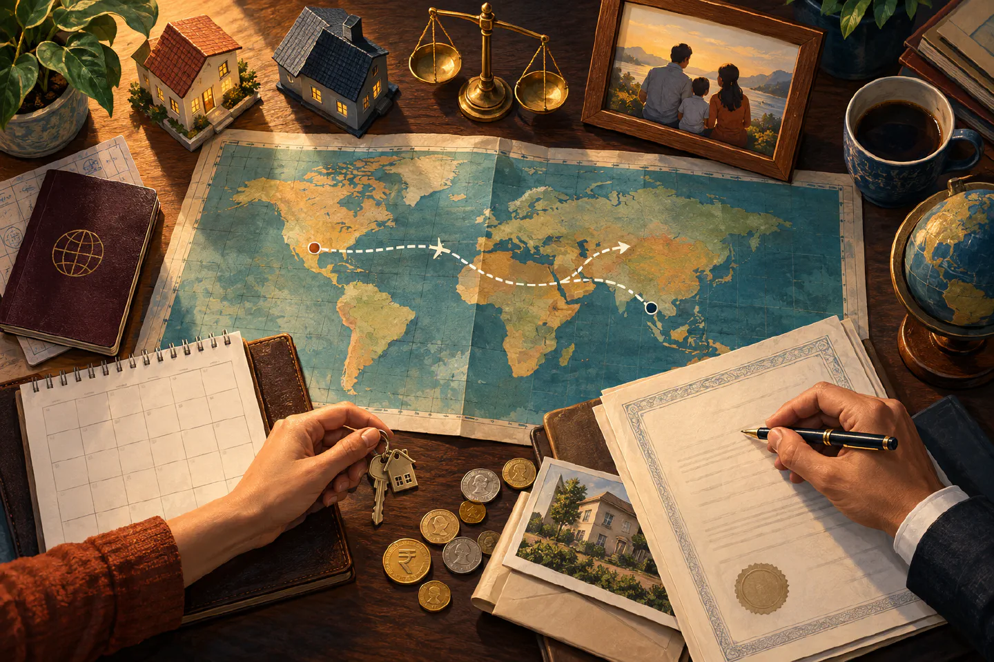 Overhead view of an NRI planning an international move with a world map, two homes, family photograph, calendar, keys, balance scale and tax papers