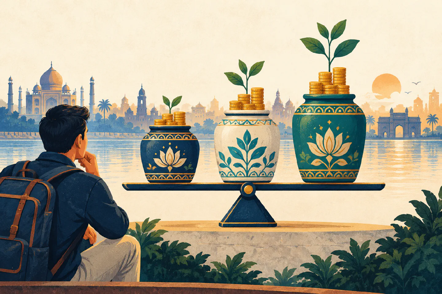 NRI comparing three fixed-deposit choices represented by decorated savings jars with growing coin balances