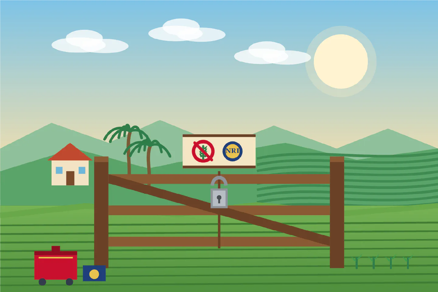 Illustration of a padlocked wooden farm gate with a sign showing a crossed-out ear of wheat and an NRI badge, farmland and a farmhouse behind it, and a suitcase and passport left outside