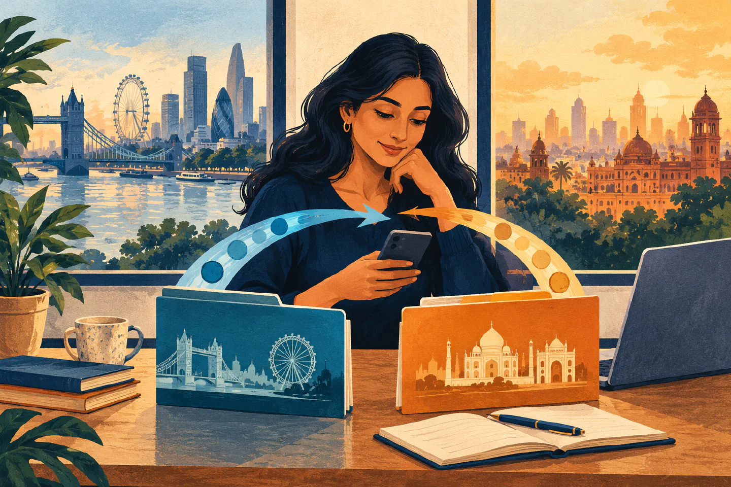 NRI managing banking between London and India with two account folders and a phone