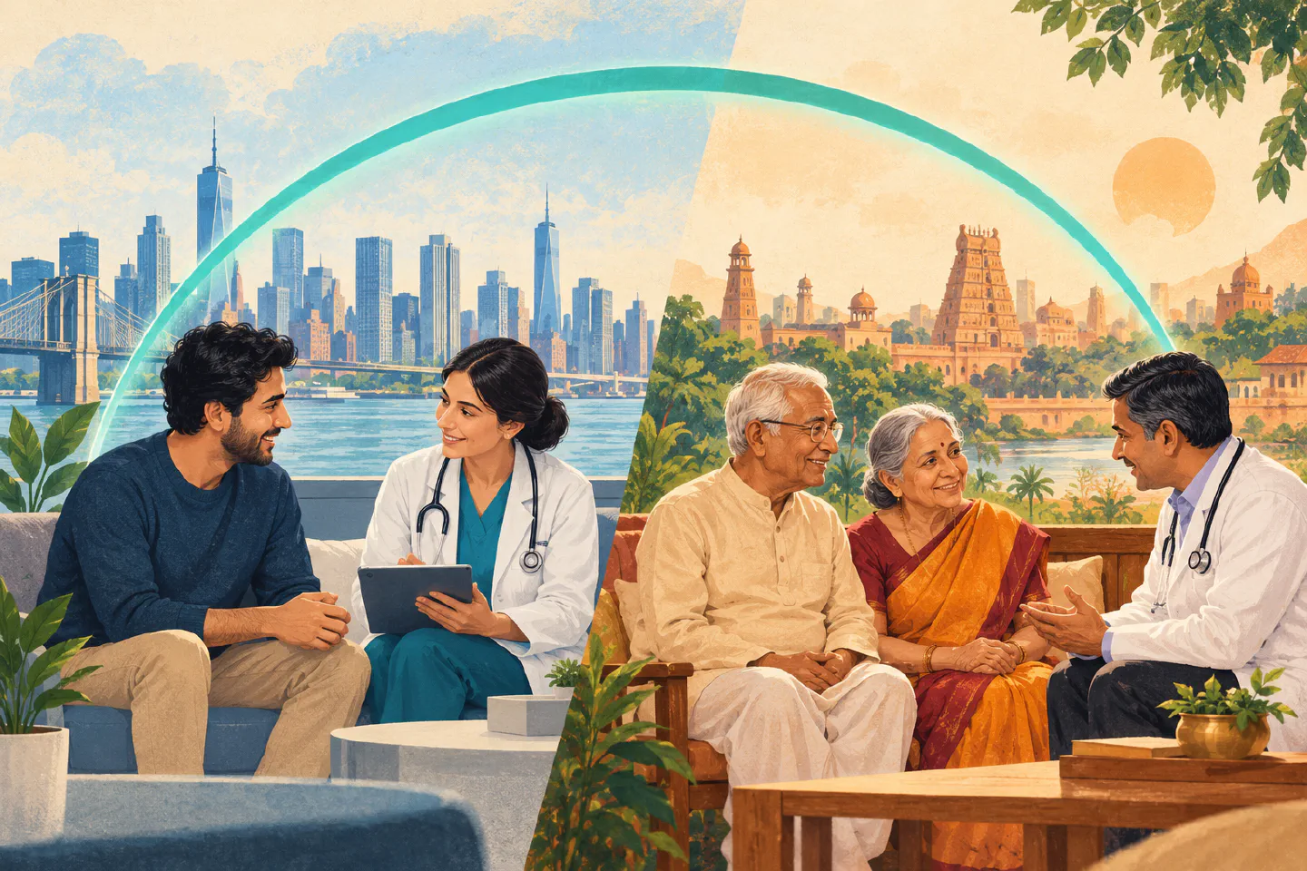 NRI speaking with a doctor abroad while parents in India meet a clinician, linked by a protective arc