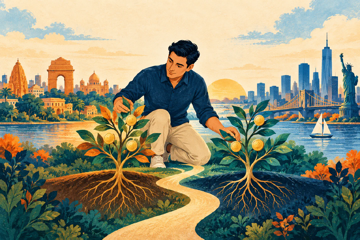 Investor tending two growing investment branches rooted in Indian and overseas city landscapes