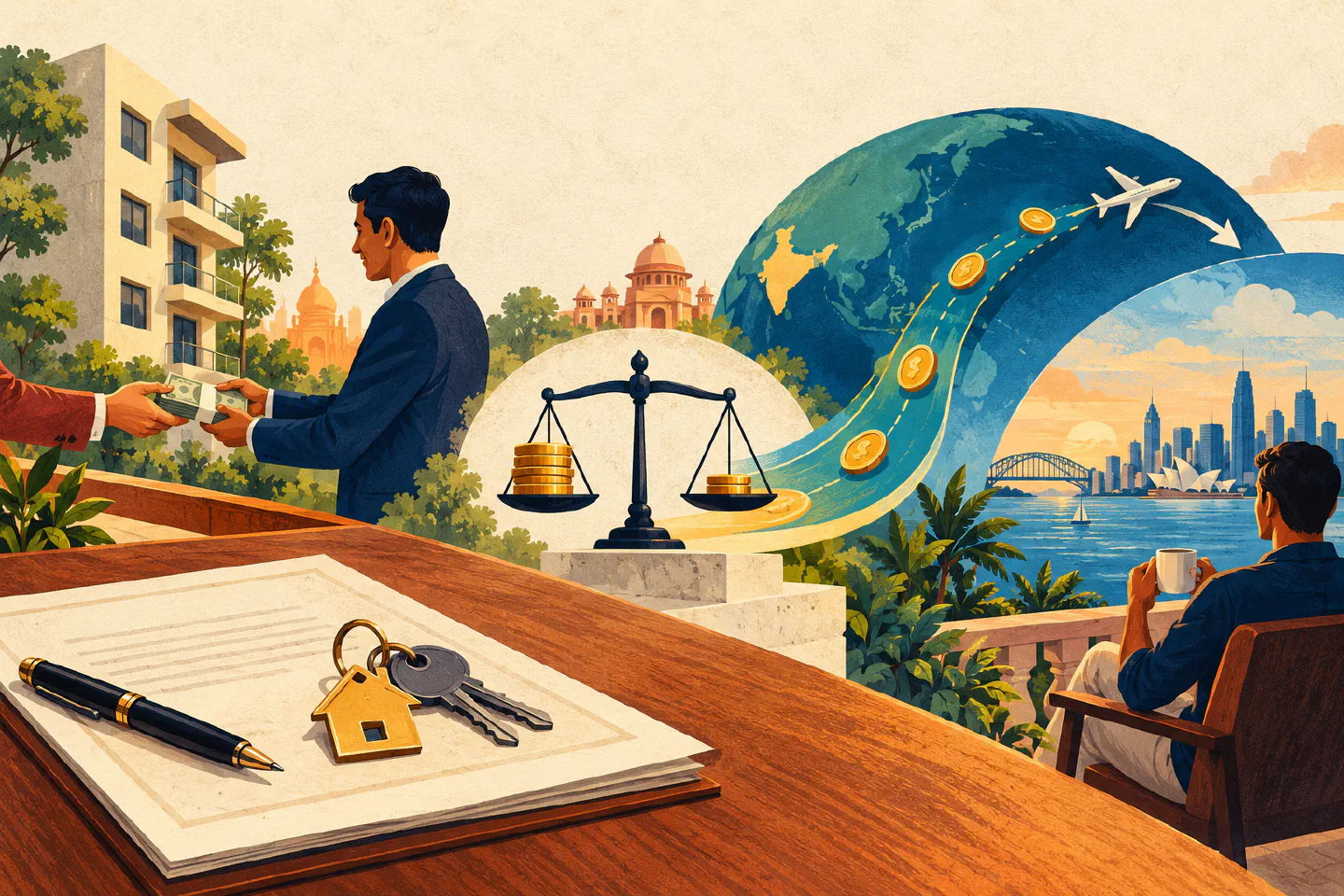 Indian property-sale papers and keys beside a balanced tax allocation and proceeds moving overseas