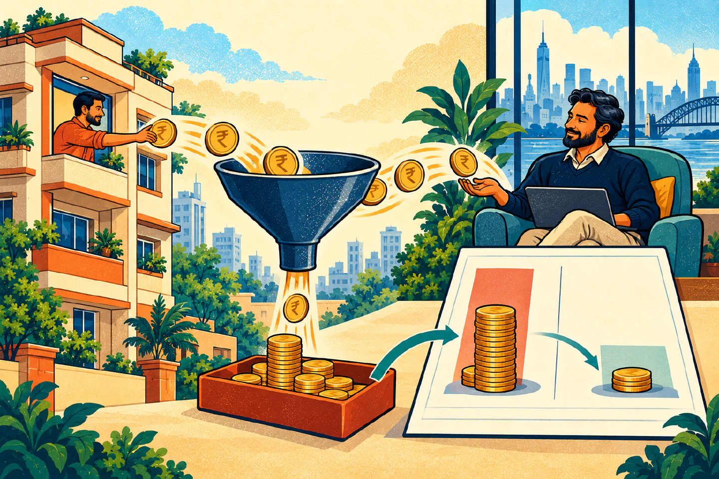 Illustration showing rent from an Indian property split between tax withheld and a landlord abroad