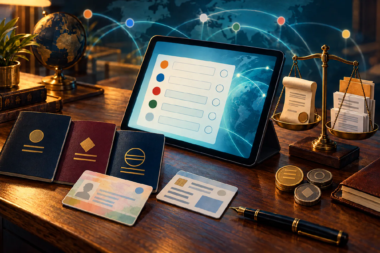 Generic passports and tax cards beside a digital tax-residency checklist, global data links and a balance scale representing domestic law and treaty rules