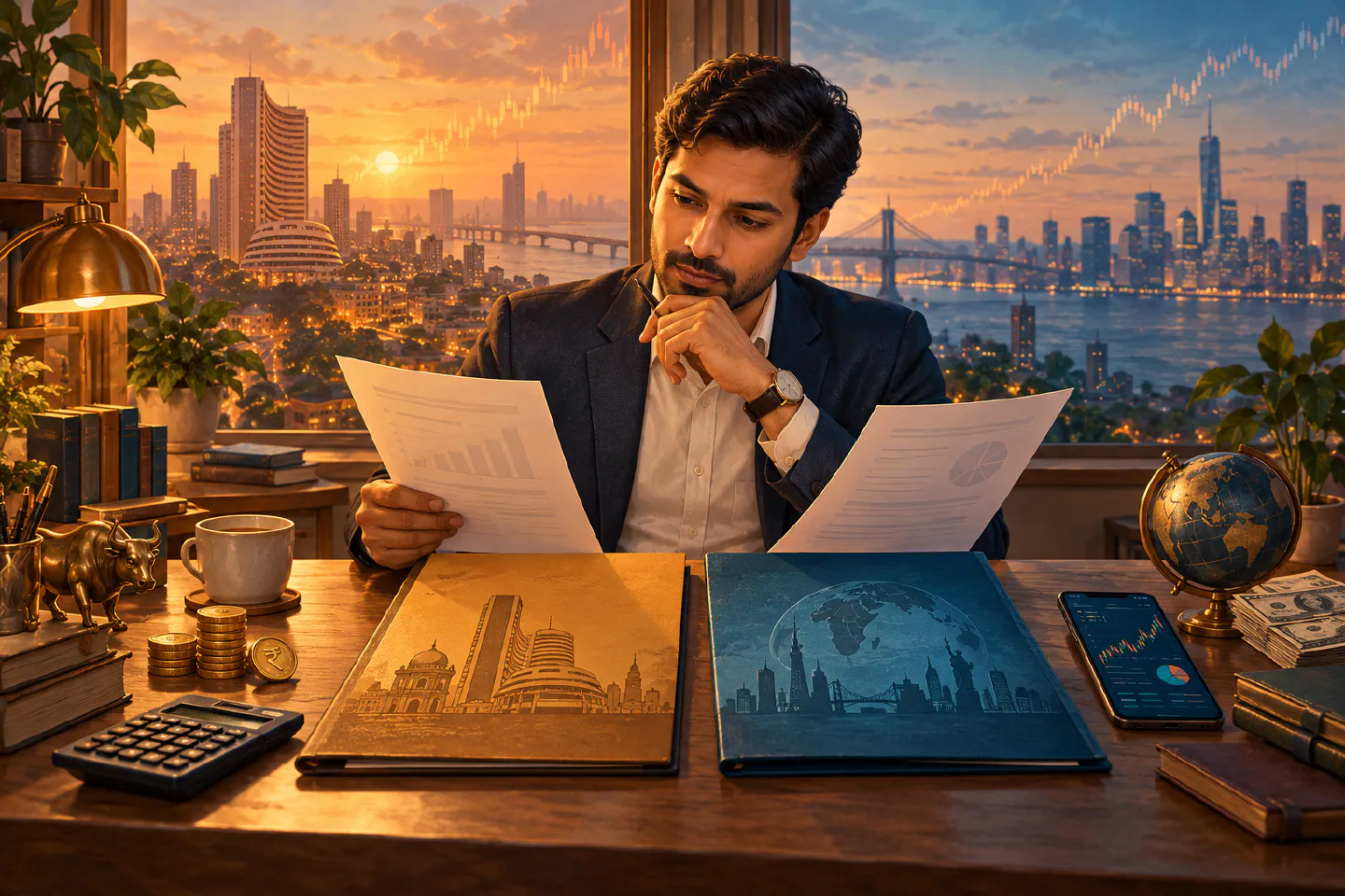 Indian NRI professional comparing NRI and resident demat account documents with rupee coins, a phone portfolio and India and overseas city skylines