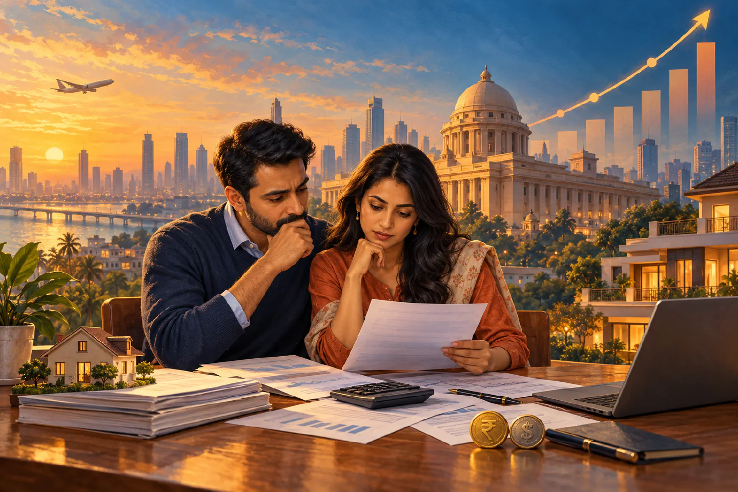 NRI couple reviewing home-loan and deposit papers with a rising rate chart, Indian financial district and rupee and dollar coins behind them