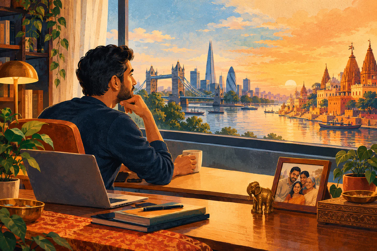 Indian professional in London looking toward the city with family and home connections in India