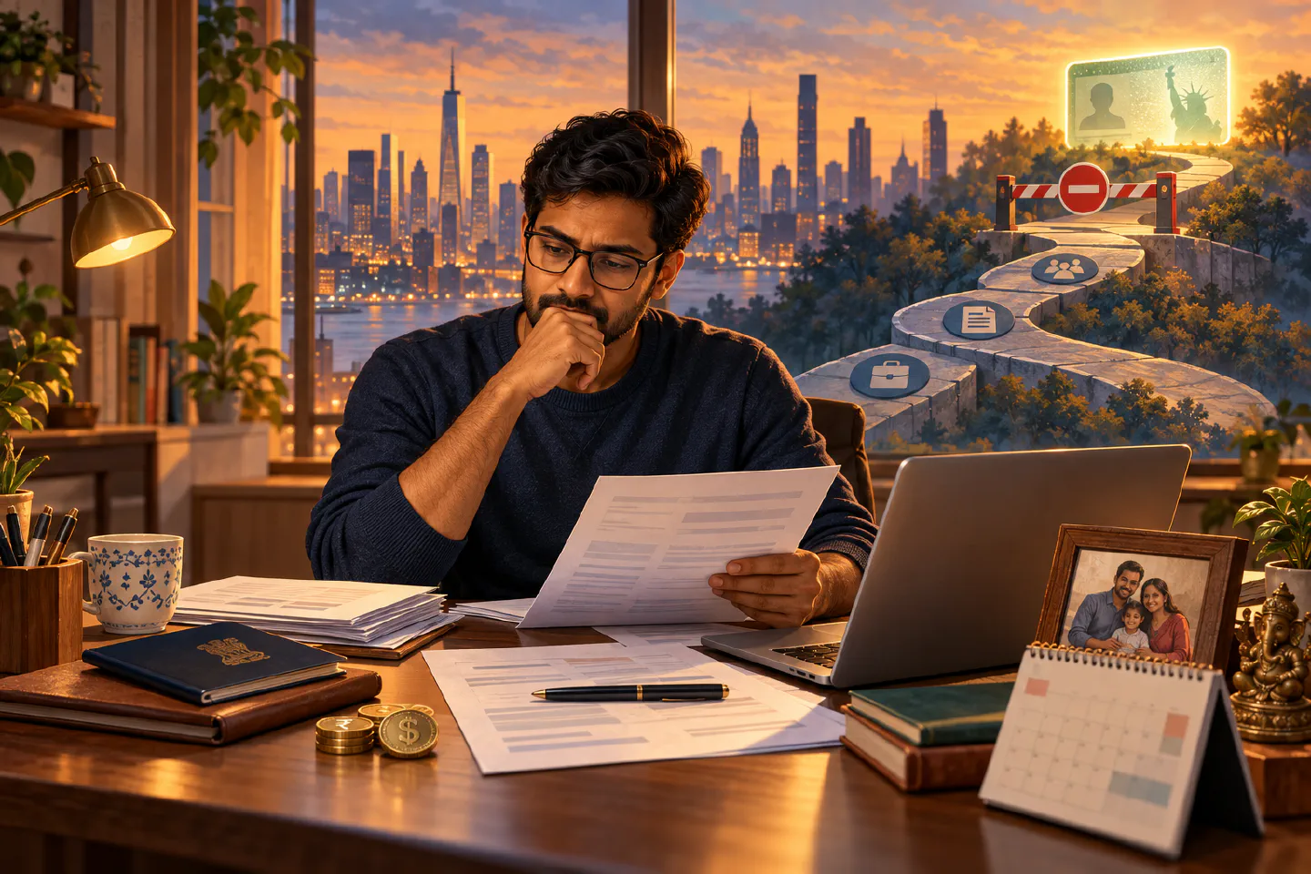 Indian professional reviewing US immigration papers with a paused green-card pathway, New York skyline, passport and family photograph